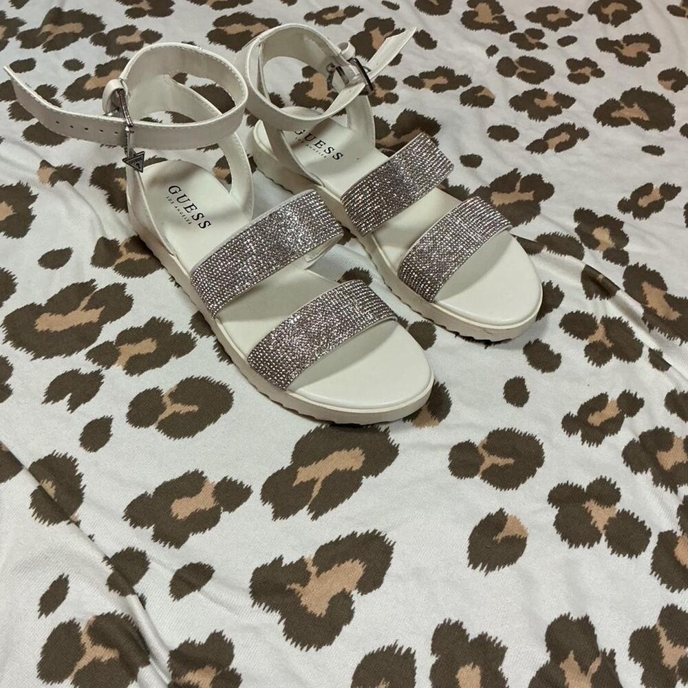 Guess White Rhinestone Platform Sandals